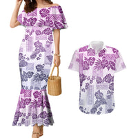 Vintage Hawaii Couples Matching Mermaid Dress and Hawaiian Shirt Hibiscus Tapa Tribal With Hawaiian Quilt Pattern Violet LT9 - Wonder Print Shop
