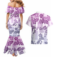 Vintage Hawaii Couples Matching Mermaid Dress and Hawaiian Shirt Hibiscus Tapa Tribal With Hawaiian Quilt Pattern Violet LT9 - Wonder Print Shop