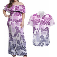 Vintage Hawaii Couples Matching Off Shoulder Maxi Dress and Hawaiian Shirt Hibiscus Tapa Tribal With Hawaiian Quilt Pattern Violet LT9 - Wonder Print Shop