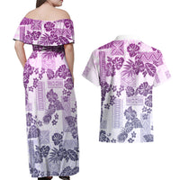 Vintage Hawaii Couples Matching Off Shoulder Maxi Dress and Hawaiian Shirt Hibiscus Tapa Tribal With Hawaiian Quilt Pattern Violet LT9 - Wonder Print Shop
