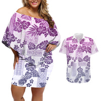 Vintage Hawaii Couples Matching Off Shoulder Short Dress and Hawaiian Shirt Hibiscus Tapa Tribal With Hawaiian Quilt Pattern Violet LT9 - Wonder Print Shop