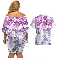 Vintage Hawaii Couples Matching Off Shoulder Short Dress and Hawaiian Shirt Hibiscus Tapa Tribal With Hawaiian Quilt Pattern Violet LT9 - Wonder Print Shop