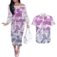 Vintage Hawaii Couples Matching Off The Shoulder Long Sleeve Dress and Hawaiian Shirt Hibiscus Tapa Tribal With Hawaiian Quilt Pattern Violet LT9 - Wonder Print Shop