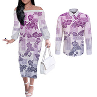 vintage-hawaii-couples-matching-off-the-shoulder-long-sleeve-dress-and-long-sleeve-button-shirt-hibiscus-tapa-tribal-with-hawaiian-quilt-pattern-violet