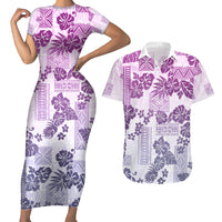 Vintage Hawaii Couples Matching Short Sleeve Bodycon Dress and Hawaiian Shirt Hibiscus Tapa Tribal With Hawaiian Quilt Pattern Violet LT9 - Wonder Print Shop
