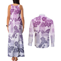 Vintage Hawaii Couples Matching Tank Maxi Dress and Long Sleeve Button Shirt Hibiscus Tapa Tribal With Hawaiian Quilt Pattern Violet LT9 - Wonder Print Shop