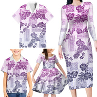 Vintage Hawaii Family Matching Long Sleeve Bodycon Dress and Hawaiian Shirt Hibiscus Tapa Tribal With Hawaiian Quilt Pattern Violet LT9 - Wonder Print Shop