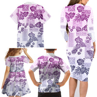 Vintage Hawaii Family Matching Long Sleeve Bodycon Dress and Hawaiian Shirt Hibiscus Tapa Tribal With Hawaiian Quilt Pattern Violet LT9 - Wonder Print Shop