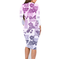 Vintage Hawaii Family Matching Long Sleeve Bodycon Dress and Hawaiian Shirt Hibiscus Tapa Tribal With Hawaiian Quilt Pattern Violet LT9 - Wonder Print Shop