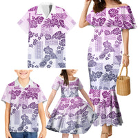 Vintage Hawaii Family Matching Mermaid Dress and Hawaiian Shirt Hibiscus Tapa Tribal With Hawaiian Quilt Pattern Violet LT9 - Wonder Print Shop