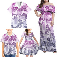 Vintage Hawaii Family Matching Off Shoulder Maxi Dress and Hawaiian Shirt Hibiscus Tapa Tribal With Hawaiian Quilt Pattern Violet LT9 - Wonder Print Shop