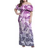 Vintage Hawaii Family Matching Off Shoulder Maxi Dress and Hawaiian Shirt Hibiscus Tapa Tribal With Hawaiian Quilt Pattern Violet LT9 - Wonder Print Shop