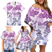 Vintage Hawaii Family Matching Off Shoulder Short Dress and Hawaiian Shirt Hibiscus Tapa Tribal With Hawaiian Quilt Pattern Violet LT9 - Wonder Print Shop