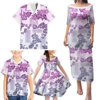 Vintage Hawaii Family Matching Puletasi Dress and Hawaiian Shirt Hibiscus Tapa Tribal With Hawaiian Quilt Pattern Violet - Wonder Print Shop