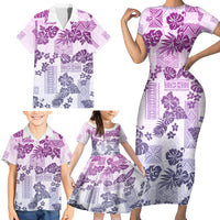Vintage Hawaii Family Matching Short Sleeve Bodycon Dress and Hawaiian Shirt Hibiscus Tapa Tribal With Hawaiian Quilt Pattern Violet - Wonder Print Shop