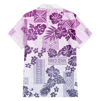 Violet Hawaiian shirt with hibiscus-style flowers and tribal quilt blocks, button front.