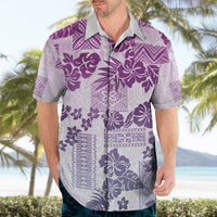 Men's violet Hawaiian button-up shirt with hibiscus and tribal quilt print, short sleeves.