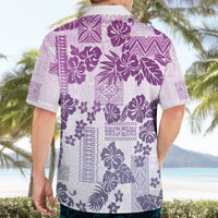 Men's violet Hawaiian shirt, back view, floral tribal quilt print, short-sleeve button-up.