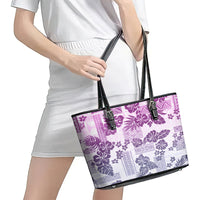 Vintage Hawaii Leather Tote Bag Hibiscus Tapa Tribal With Hawaiian Quilt Pattern Violet - Wonder Print Shop