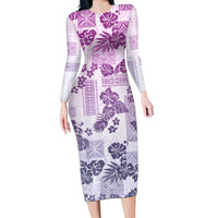 Vintage Hawaii Long Sleeve Bodycon Dress Hibiscus Tapa Tribal With Hawaiian Quilt Pattern Violet - Wonder Print Shop