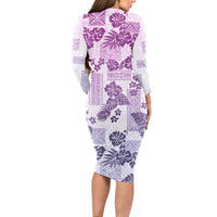 Vintage Hawaii Long Sleeve Bodycon Dress Hibiscus Tapa Tribal With Hawaiian Quilt Pattern Violet - Wonder Print Shop
