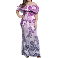 Vintage Hawaii Off Shoulder Maxi Dress Hibiscus Tapa Tribal With Hawaiian Quilt Pattern Violet - Wonder Print Shop