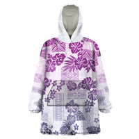 Vintage Hawaii Wearable Blanket Hoodie Hibiscus Tapa Tribal With Hawaiian Quilt Pattern Violet - Wonder Print Shop