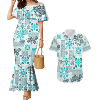 Hawaii Tapa Tribal Couples Matching Mermaid Dress and Hawaiian Shirt With Hawaiian Quilt Pattern Aqua LT9 - Wonder Print Shop