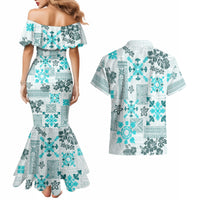 Hawaii Tapa Tribal Couples Matching Mermaid Dress and Hawaiian Shirt With Hawaiian Quilt Pattern Aqua LT9 - Wonder Print Shop