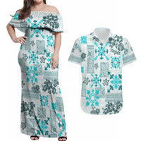 Hawaii Tapa Tribal Couples Matching Off Shoulder Maxi Dress and Hawaiian Shirt With Hawaiian Quilt Pattern Aqua LT9 - Wonder Print Shop