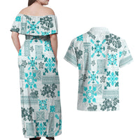 Hawaii Tapa Tribal Couples Matching Off Shoulder Maxi Dress and Hawaiian Shirt With Hawaiian Quilt Pattern Aqua LT9 - Wonder Print Shop