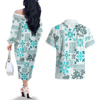 Hawaii Tapa Tribal Couples Matching Off The Shoulder Long Sleeve Dress and Hawaiian Shirt With Hawaiian Quilt Pattern Aqua LT9 - Wonder Print Shop