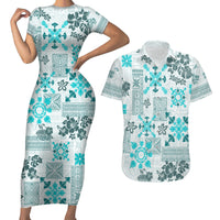 Hawaii Tapa Tribal Couples Matching Short Sleeve Bodycon Dress and Hawaiian Shirt With Hawaiian Quilt Pattern Aqua LT9 - Wonder Print Shop
