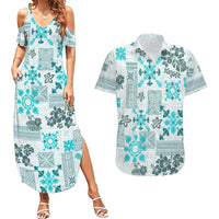 Hawaii Tapa Tribal Couples Matching Summer Maxi Dress and Hawaiian Shirt With Hawaiian Quilt Pattern Aqua LT9 - Wonder Print Shop