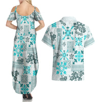 Hawaii Tapa Tribal Couples Matching Summer Maxi Dress and Hawaiian Shirt With Hawaiian Quilt Pattern Aqua LT9 - Wonder Print Shop