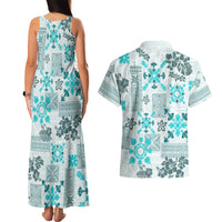 Hawaii Tapa Tribal Couples Matching Tank Maxi Dress and Hawaiian Shirt With Hawaiian Quilt Pattern Aqua LT9 - Wonder Print Shop