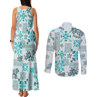 Hawaii Tapa Tribal Couples Matching Tank Maxi Dress and Long Sleeve Button Shirt With Hawaiian Quilt Pattern Aqua LT9 - Wonder Print Shop