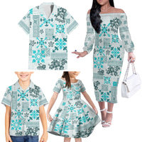 Hawaii Tapa Tribal Family Matching Off Shoulder Long Sleeve Dress and Hawaiian Shirt With Hawaiian Quilt Pattern Aqua - Wonder Print Shop
