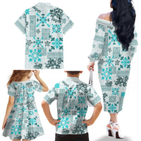 Hawaii Tapa Tribal Family Matching Off Shoulder Long Sleeve Dress and Hawaiian Shirt With Hawaiian Quilt Pattern Aqua - Wonder Print Shop
