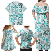 Hawaii Tapa Tribal Family Matching Off Shoulder Maxi Dress and Hawaiian Shirt With Hawaiian Quilt Pattern Aqua LT9 - Wonder Print Shop