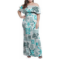 Hawaii Tapa Tribal Family Matching Off Shoulder Maxi Dress and Hawaiian Shirt With Hawaiian Quilt Pattern Aqua LT9 - Wonder Print Shop