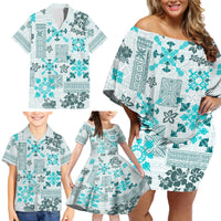Hawaii Tapa Tribal Family Matching Off Shoulder Short Dress and Hawaiian Shirt With Hawaiian Quilt Pattern Aqua LT9 - Wonder Print Shop