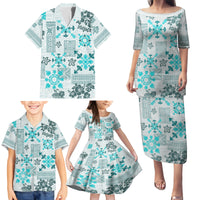Hawaii Tapa Tribal Family Matching Puletasi Dress and Hawaiian Shirt With Hawaiian Quilt Pattern Aqua - Wonder Print Shop