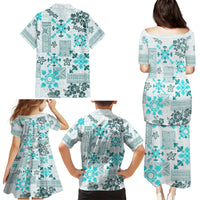 Hawaii Tapa Tribal Family Matching Puletasi Dress and Hawaiian Shirt With Hawaiian Quilt Pattern Aqua - Wonder Print Shop