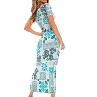 Hawaii Tapa Tribal Family Matching Short Sleeve Bodycon Dress and Hawaiian Shirt With Hawaiian Quilt Pattern Aqua - Wonder Print Shop