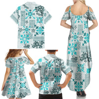 Hawaii Tapa Tribal Family Matching Summer Maxi Dress and Hawaiian Shirt With Hawaiian Quilt Pattern Aqua - Wonder Print Shop
