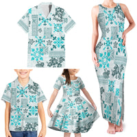 Hawaii Tapa Tribal Family Matching Tank Maxi Dress and Hawaiian Shirt With Hawaiian Quilt Pattern Aqua - Wonder Print Shop