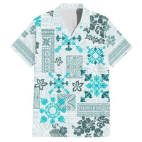 Aqua Hawaiian button-up shirt with tapa quilt tribal print, short sleeves