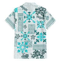 Aqua Hawaiian shirt back with tapa quilt tribal print, short sleeves