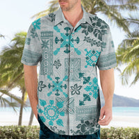 Aqua Hawaiian button-up shirt with tapa quilt floral tribal print, short sleeves